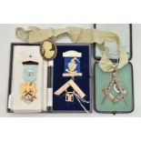 FOUR MASONIC ITEMS, to include a silver Irish Masonic past masters jewel suspended from ribbon,