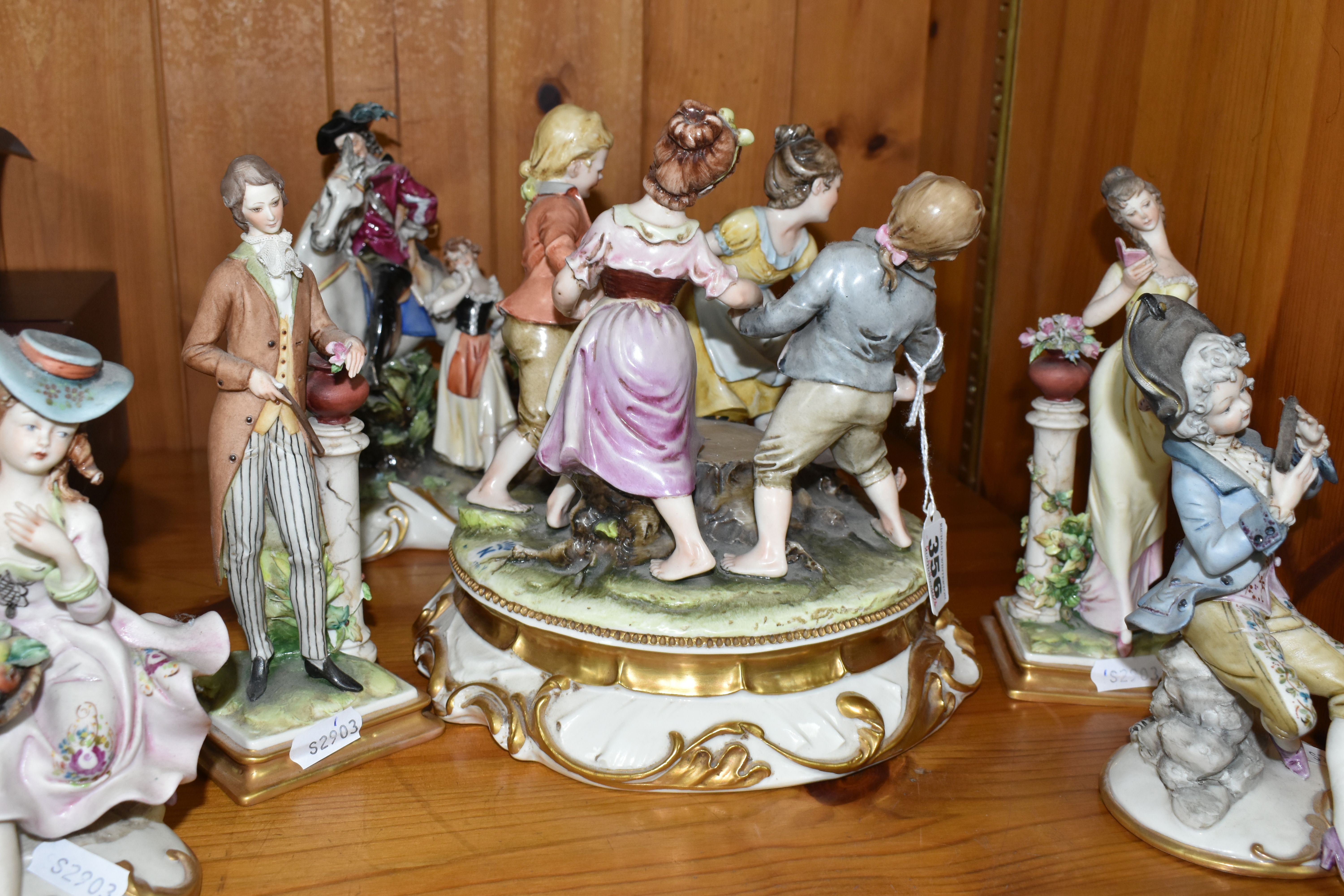 SIX CAPODIMONTE PORCELAIN FIGURAL GROUPS, comprising an Italian group of children dancing around a - Image 7 of 12