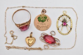 A SELECTION OF JEWELLERY, to include a synthetic ruby ring, ring size P, stamped 585, approximate