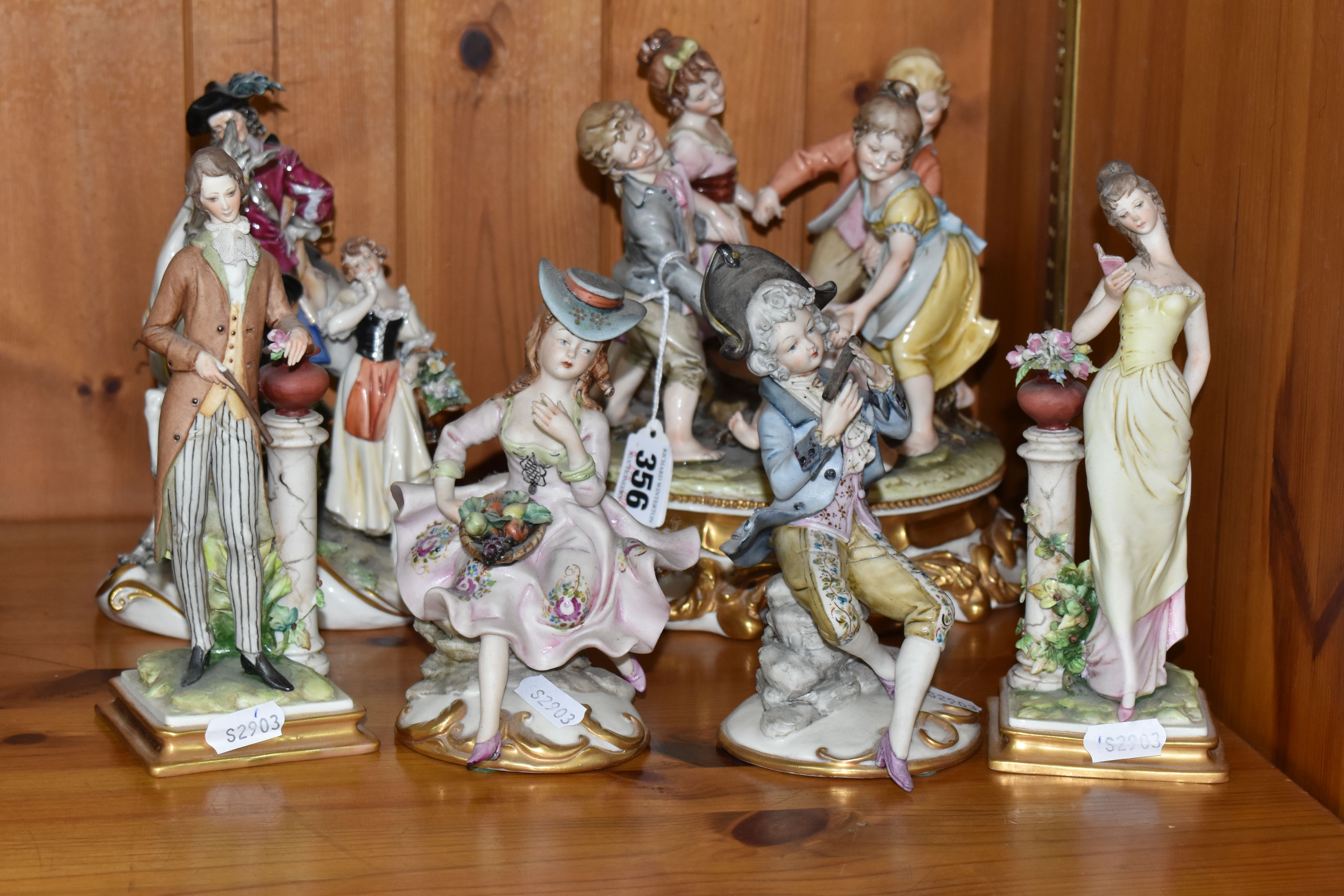 SIX CAPODIMONTE PORCELAIN FIGURAL GROUPS, comprising an Italian group of children dancing around a