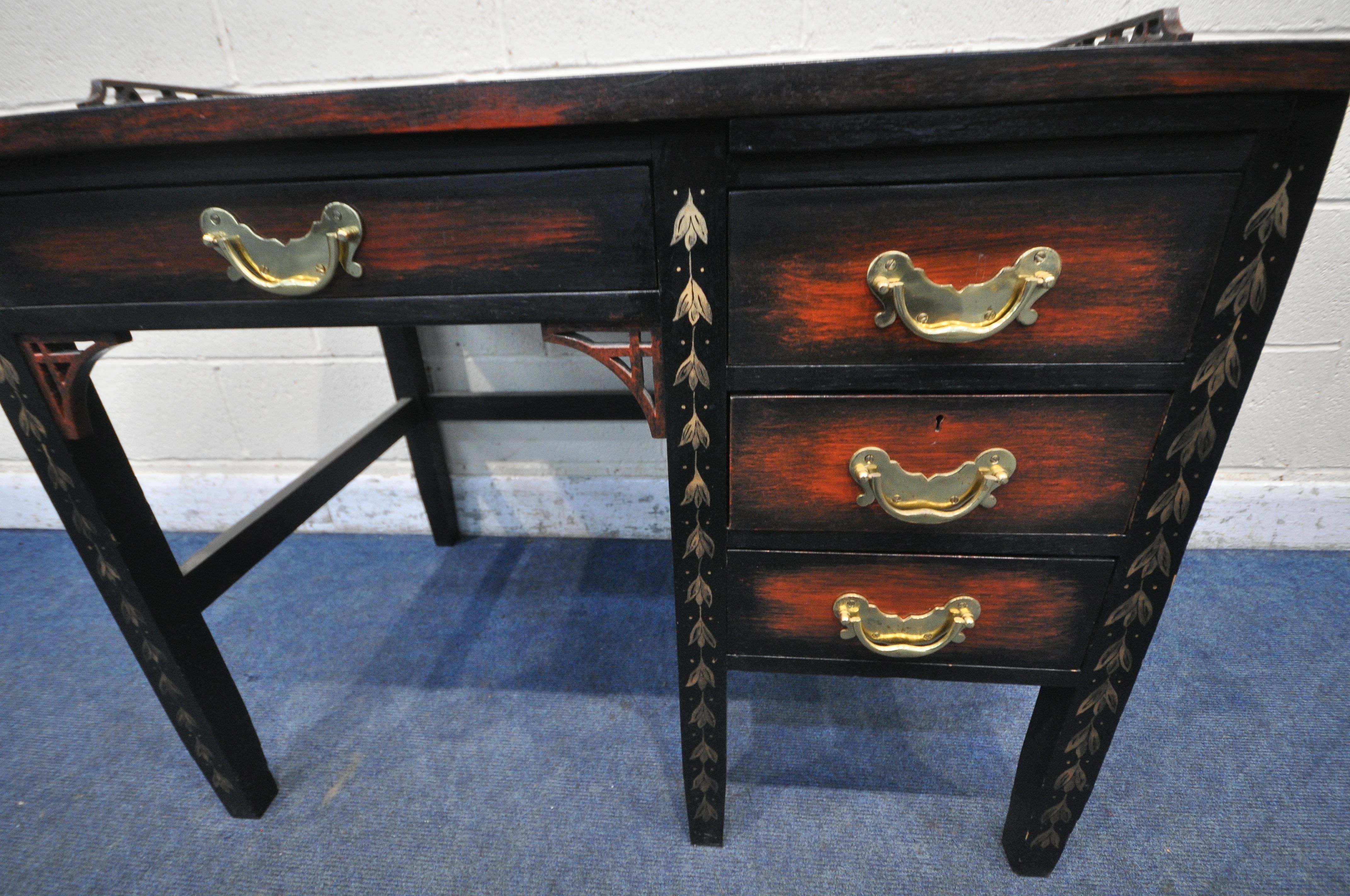 A 20TH CENTURY ORIENTAL BLACK PAINTED OAK DESK, with gold details, a raised gallery, fitted with - Image 4 of 5