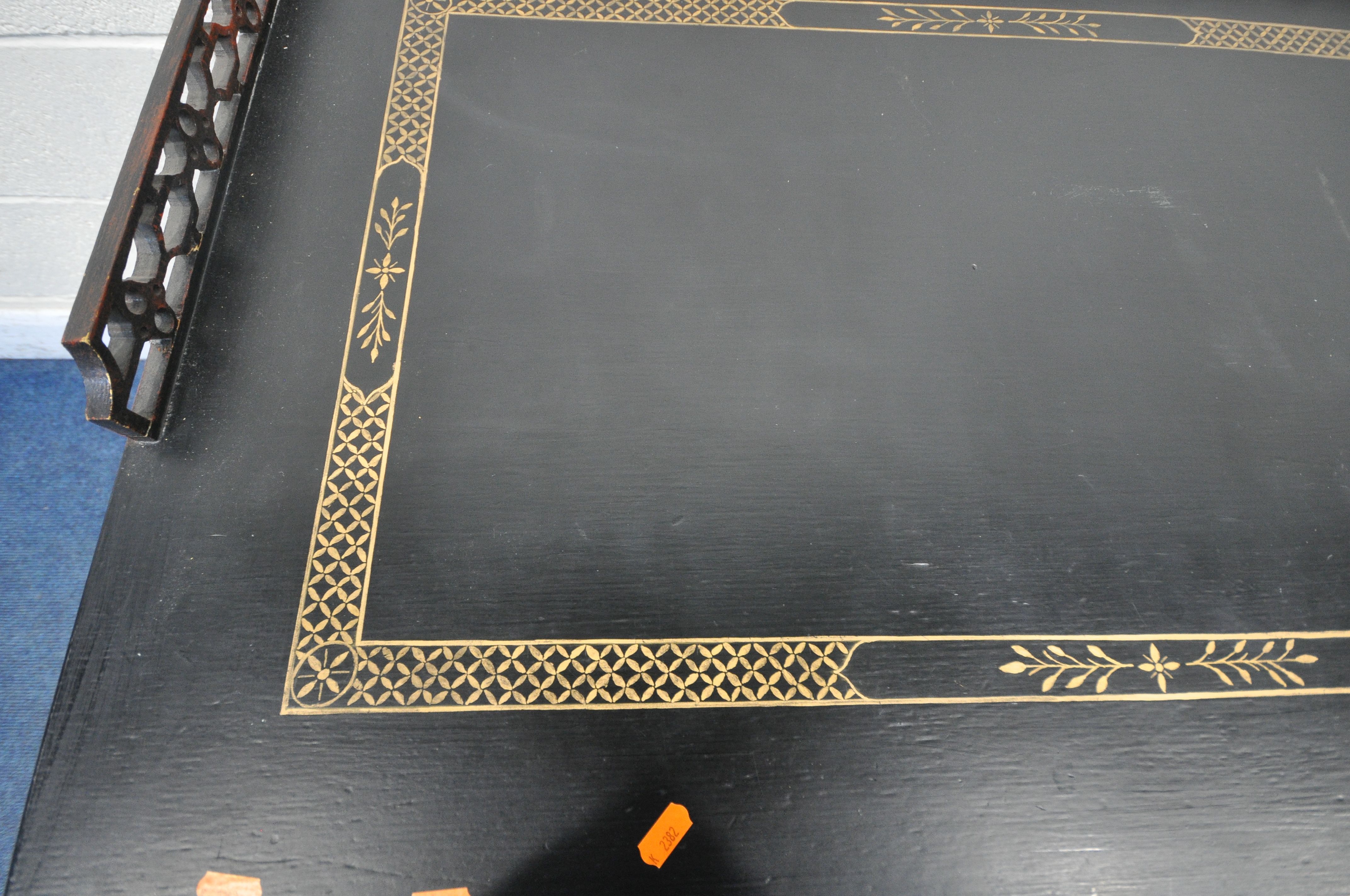 A 20TH CENTURY ORIENTAL BLACK PAINTED OAK DESK, with gold details, a raised gallery, fitted with - Image 3 of 5