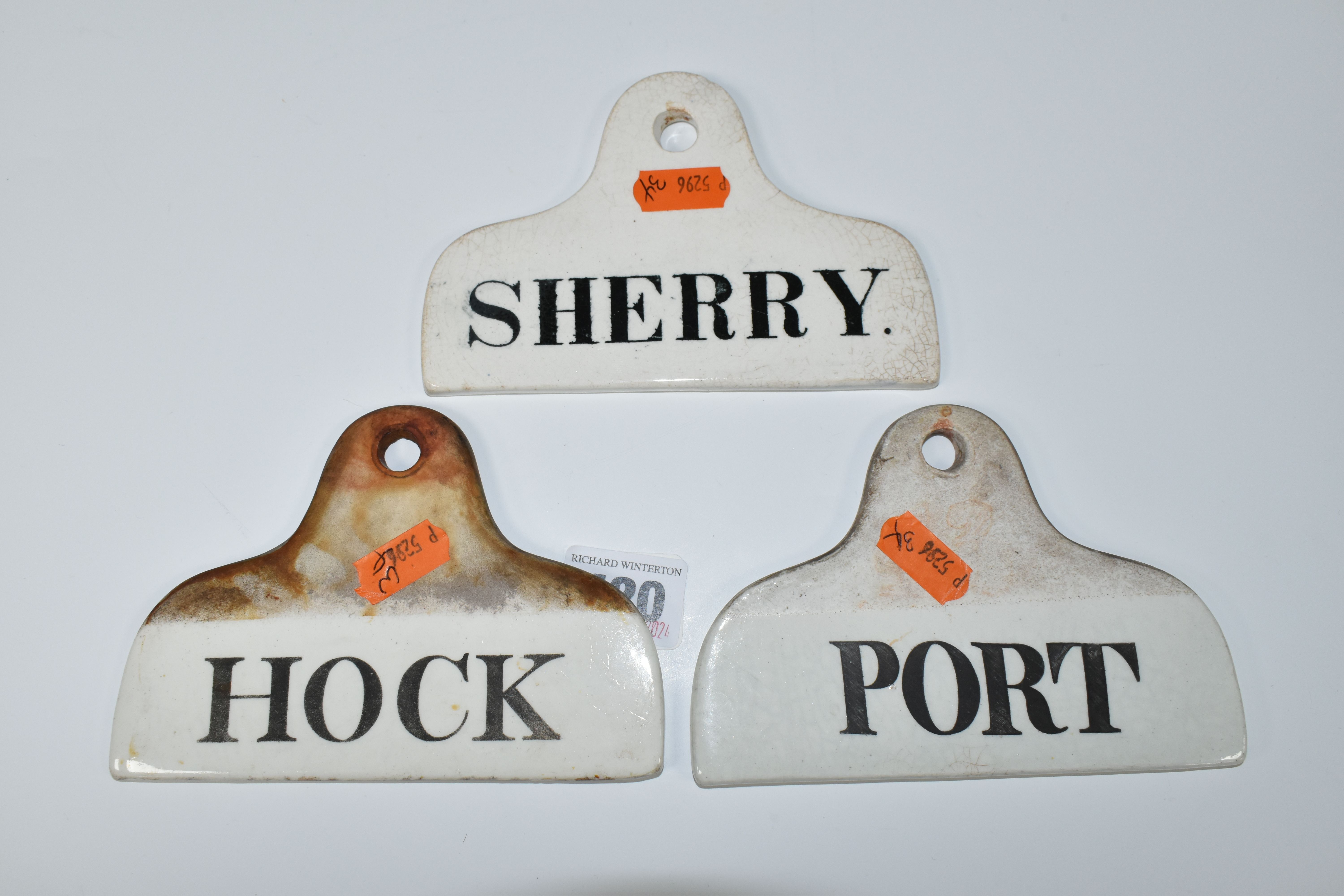 THREE 19TH CENTURY CERAMIC WINE BIN LABELS, comprising a Spode 'HOCK' label, impressed marks and two - Image 2 of 3