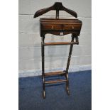 A 20TH CENTURY MAHOGANY GENTLEMAN'S VALET STAND, with jacket holder cuff link tray and two