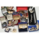 ASSORTED SILVER AND COSTUME JEWELLERY, to include a white metal quartz cabochon ring, stamped 925, a
