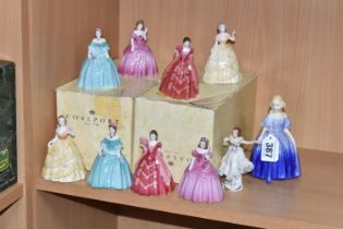TEN SMALL FIGURINES, comprising Royal Doulton 'Marie' HN1370, Coalport: two x Harriet, two x