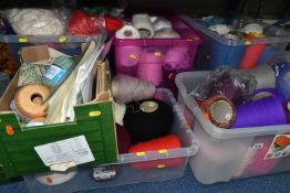 EIGHT BOXES OF YARN, FABRIC, PATTERNS, SPINNING BOOKS, ETC, the reels of yarn in assorted colours,
