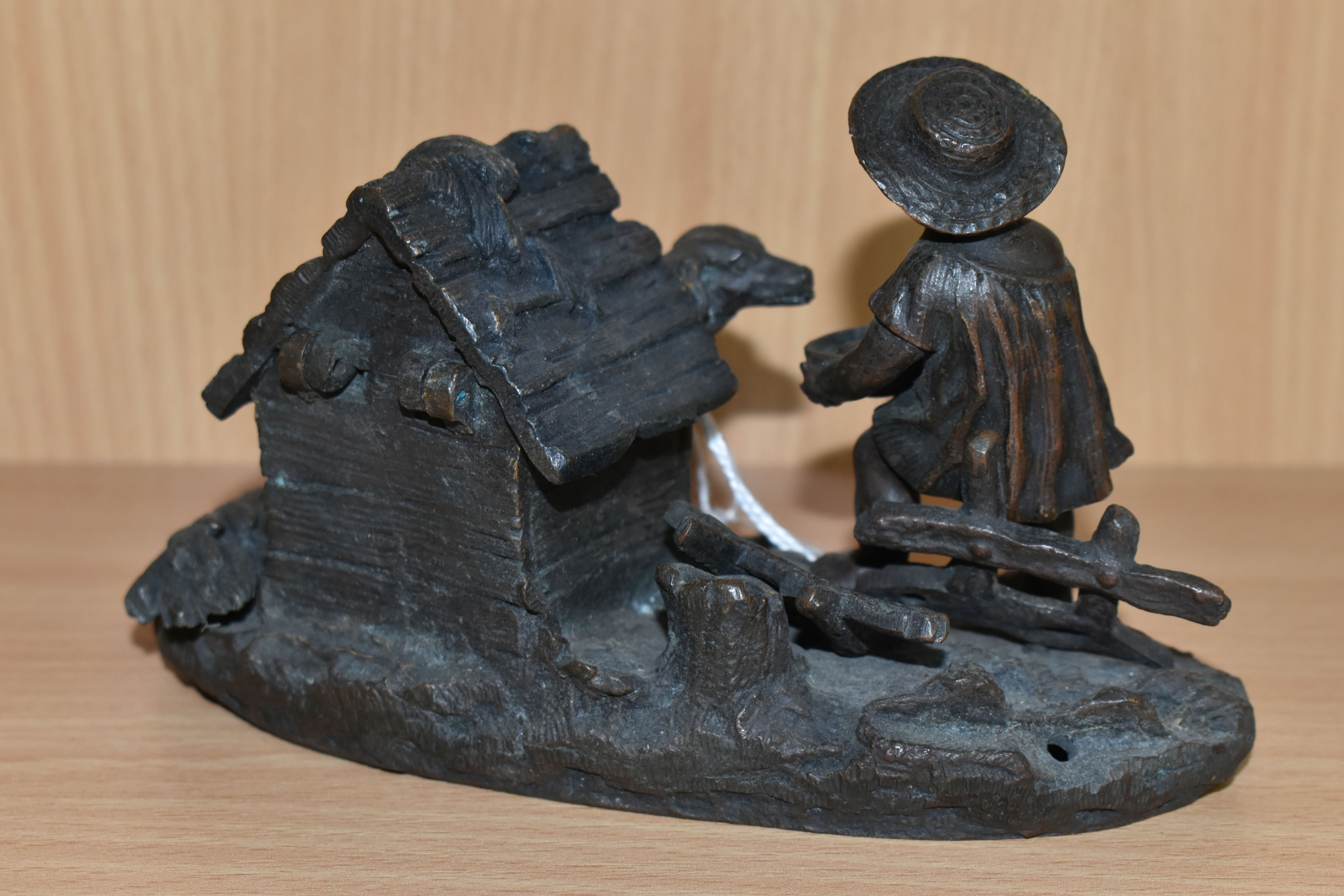 A BRONZE INKWELL, in the form of a dog in a kennel with a small child, unsigned, base width 15.5cm x - Image 3 of 8