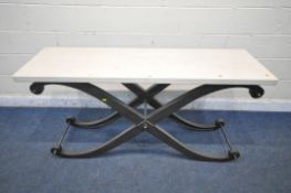 A RECTANGULAR MARBLE TOP SIDE TABLE, raised on a cross shaped cast iron frame, width 160cm x depth