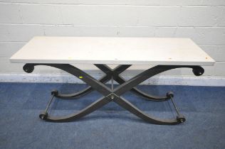 A RECTANGULAR MARBLE TOP SIDE TABLE, raised on a cross shaped cast iron frame, width 160cm x depth
