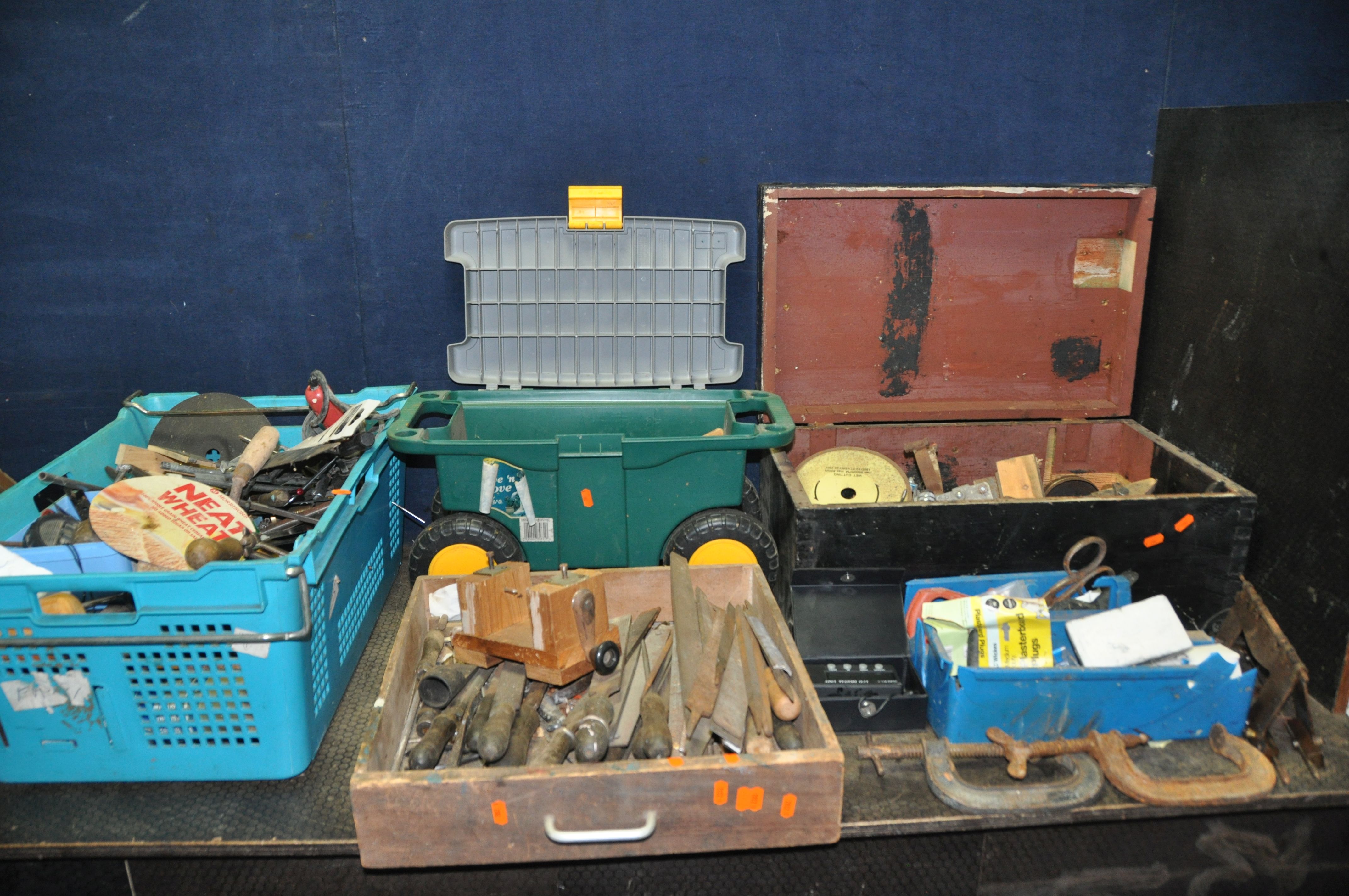 A WOODEN BOX, A TRAY AND TWO PLASTIC BOXES CONTAINING TOOLS including files, rasps, taps and dies