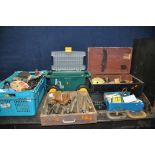 A WOODEN BOX, A TRAY AND TWO PLASTIC BOXES CONTAINING TOOLS including files, rasps, taps and dies