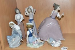 A GROUP OF SIX LLADRO AND NAO FIGURES, comprising 5120 'Girl In Pink Dress' (cracked and reglued