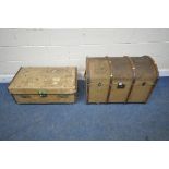 AN ATLAS DOMED CANVAS TRAVELING TRUNK, with wooden banding and twin leather handles, width 82cm x