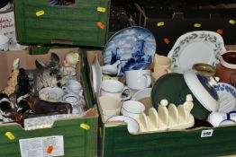 SIX BOXES OF CERAMICS, GLASSWARE AND ORNAMENTS, to include four Chatsworth covered tea mugs, glass