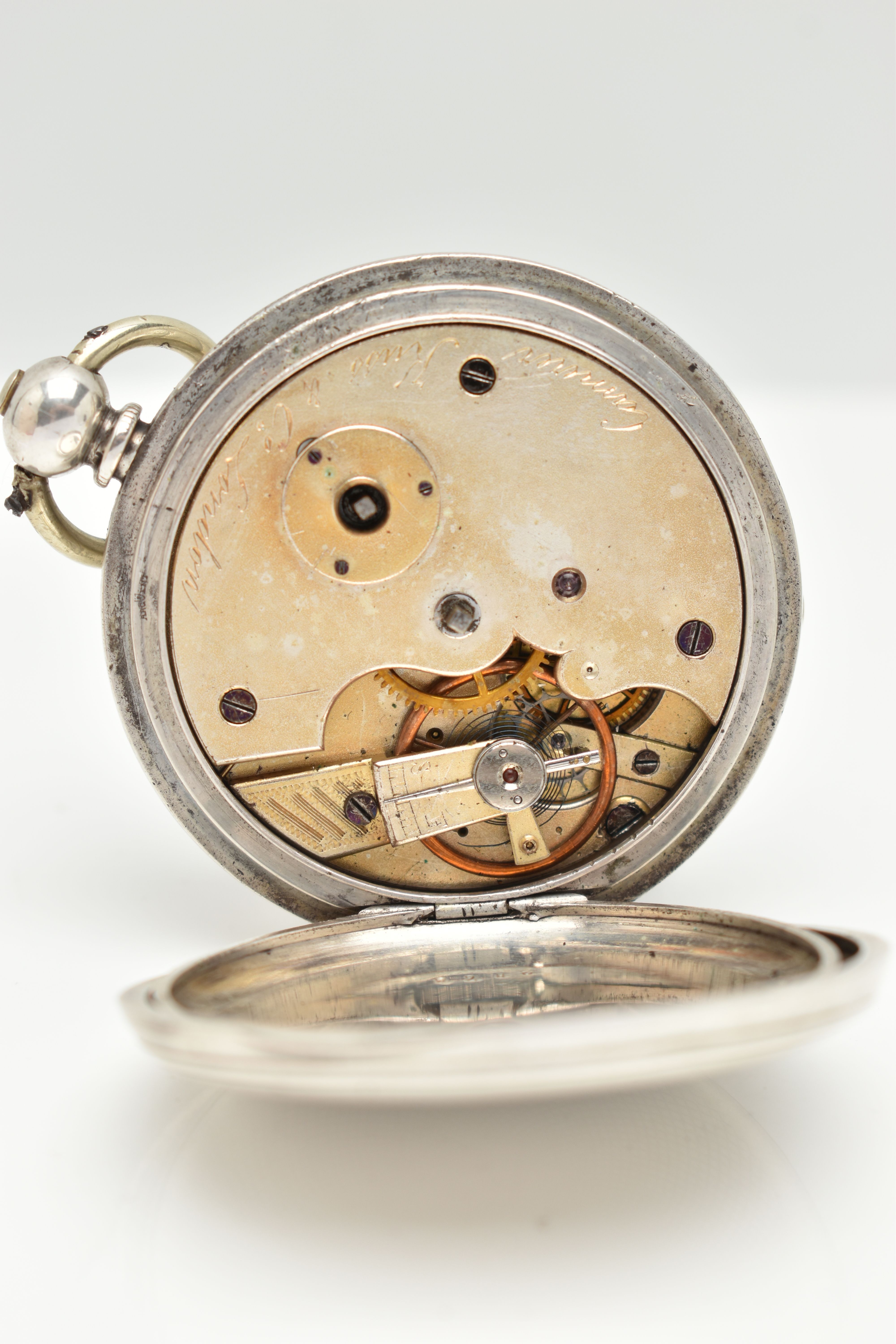 A WHITE METAL FULL HUNTER POCKET WATCH, key wound, engine turned pattern with vacant cartouche, - Image 5 of 5