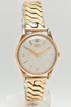 A GENTS 9CT GOLD 'LONGINES' WRISTWATCH, manual wind, round silver dial signed 'Longines', Arabic