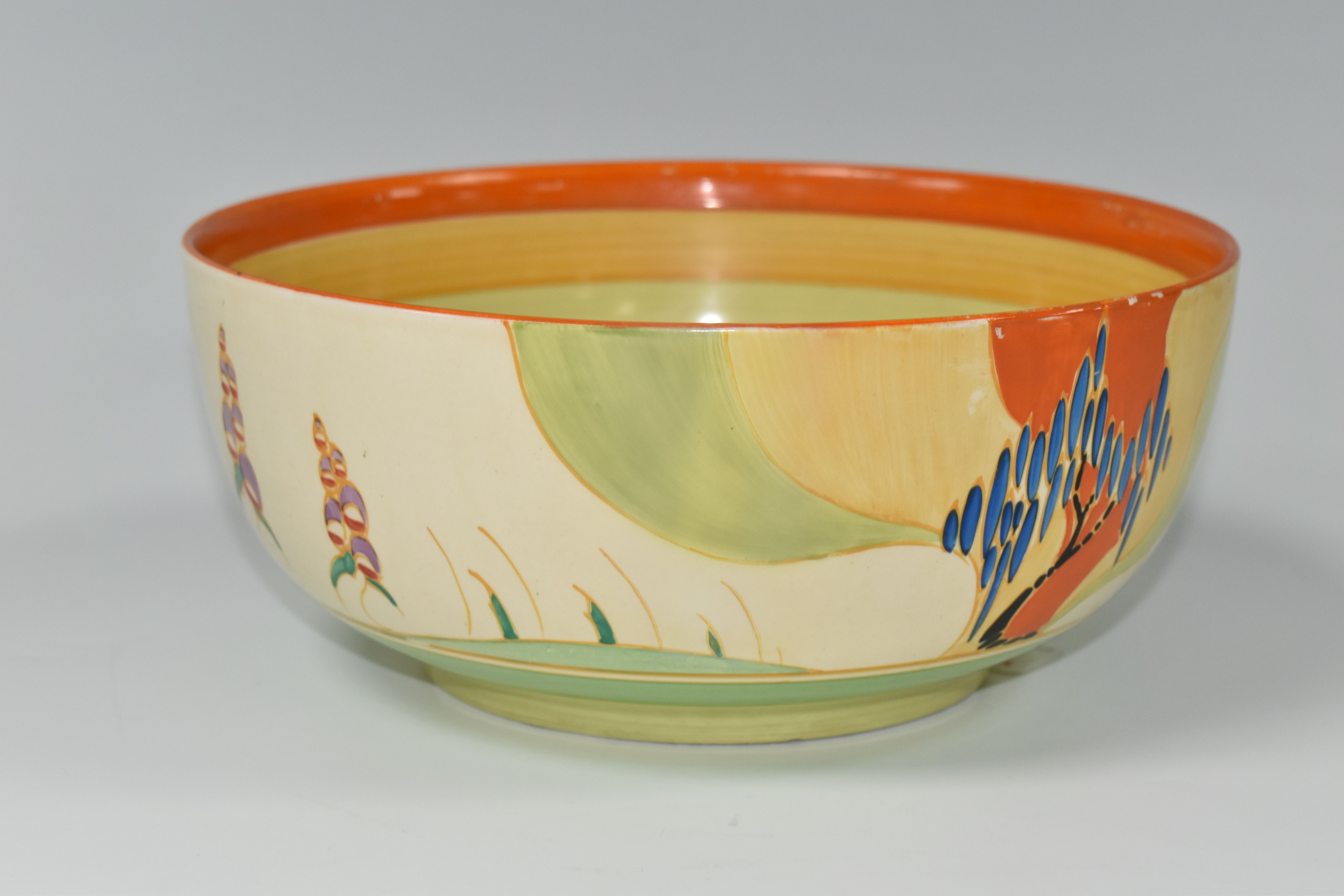 A CLARICE CLIFF 'WINDBELLS' DESIGN BOWL, with a vibrant orange, yellow, green and cream banding on - Image 2 of 7