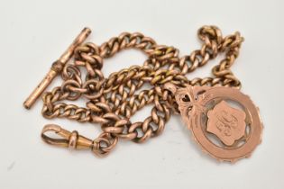 A ROSE METAL ALBERT CHAIN AND FOB MEDAL, graduated curb link chain, each link stamped 9ct, fitted