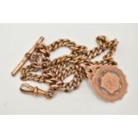 A ROSE METAL ALBERT CHAIN AND FOB MEDAL, graduated curb link chain, each link stamped 9ct, fitted