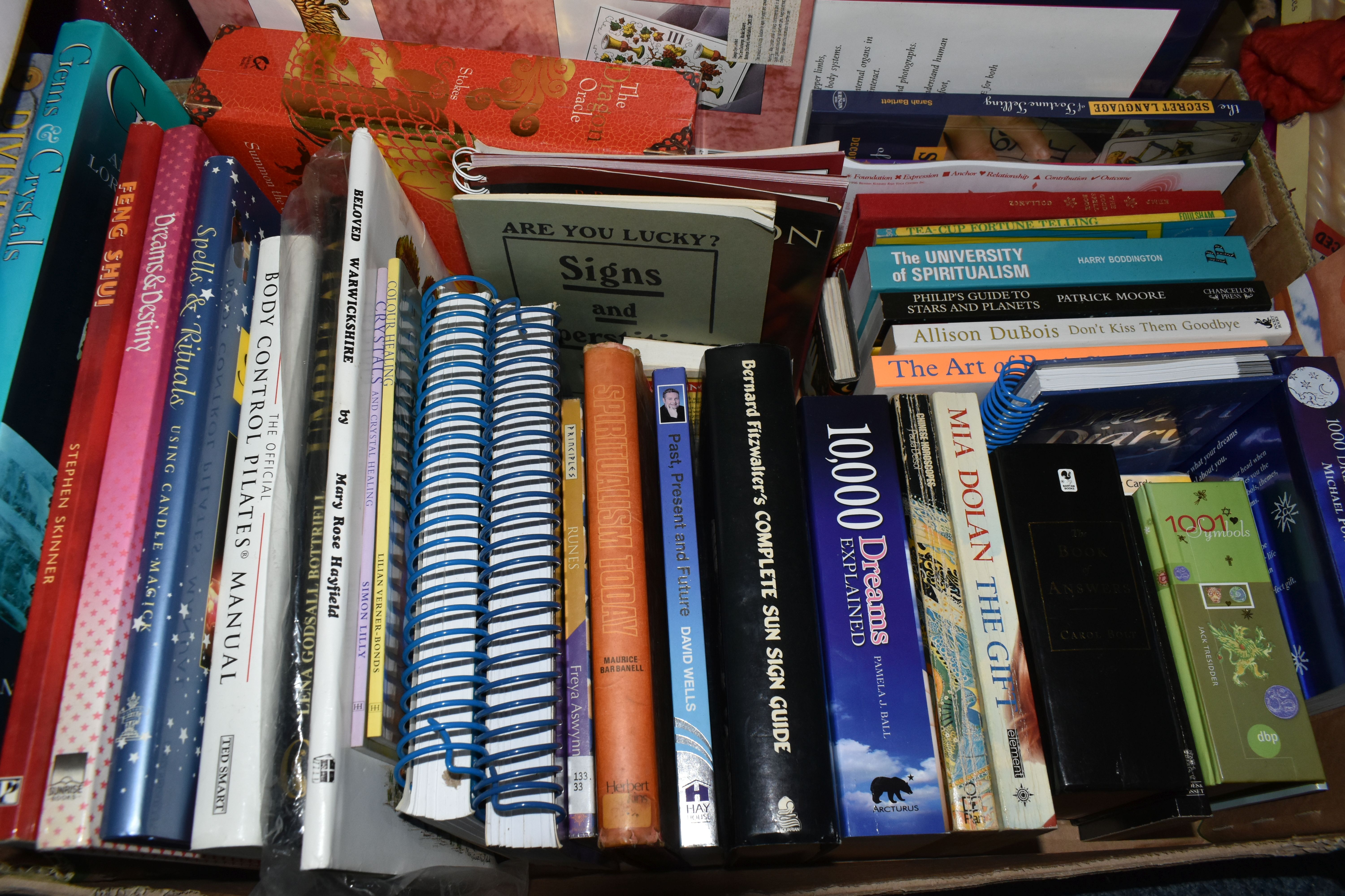 FIVE BOXES OF BOOKS, CRYSTALS AND CANDLES, to include a collection of healing crystals, fossils, - Image 2 of 6