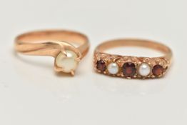 TWO GEM SET RINGS, the first a 9ct gold garnet and seed pearl five stone ring, scrolling detail to