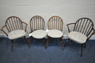 A PAIR OF ELM AND BEECH DARK ERCOL MODEL NUMBER 637 WINDSOR ARMCHAIRS, along with a pair of dark