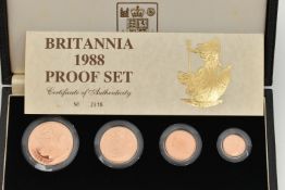 A ROYAL MINT BRITANNIA GOLD PROOF SET 1988 OF FOUR COINS, One Ounce £100, Half Ounce £50, Quarter