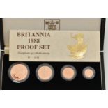 A ROYAL MINT BRITANNIA GOLD PROOF SET 1988 OF FOUR COINS, One Ounce £100, Half Ounce £50, Quarter