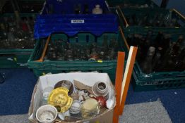 SIX BOXES OF VINTAGE AND ANTIQUE GLASS BOTTLES AND JARS ETC, bottles include Dinneford's Magnesia,