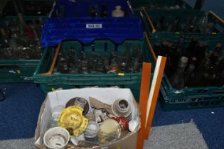 SIX BOXES OF VINTAGE AND ANTIQUE GLASS BOTTLES AND JARS ETC, bottles include Dinneford's Magnesia,