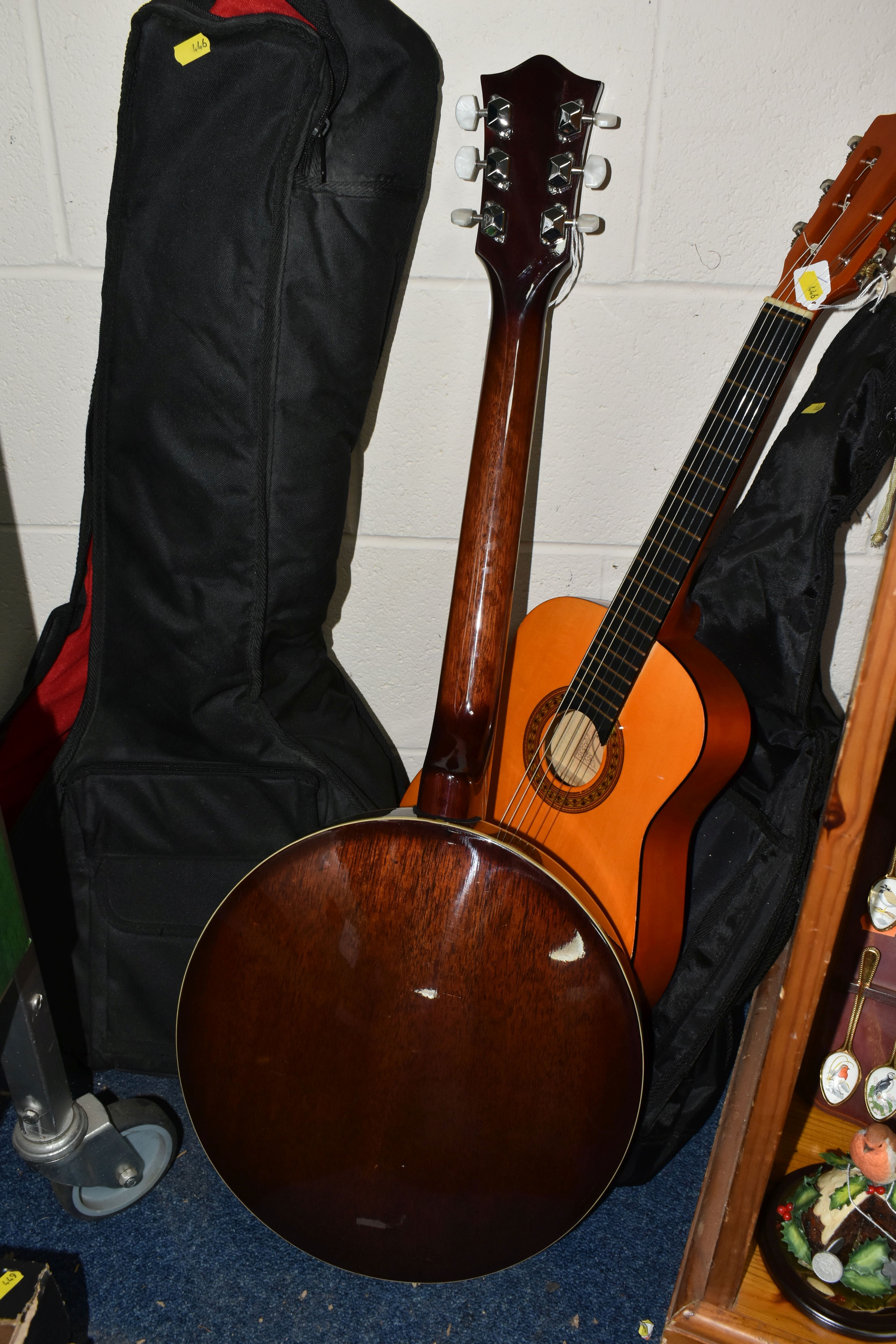 A 'VINTAGE' BANJO AND CHILD'S ACOUSTIC GUITAR, comprising a six string banjo with a soft case and - Image 6 of 8