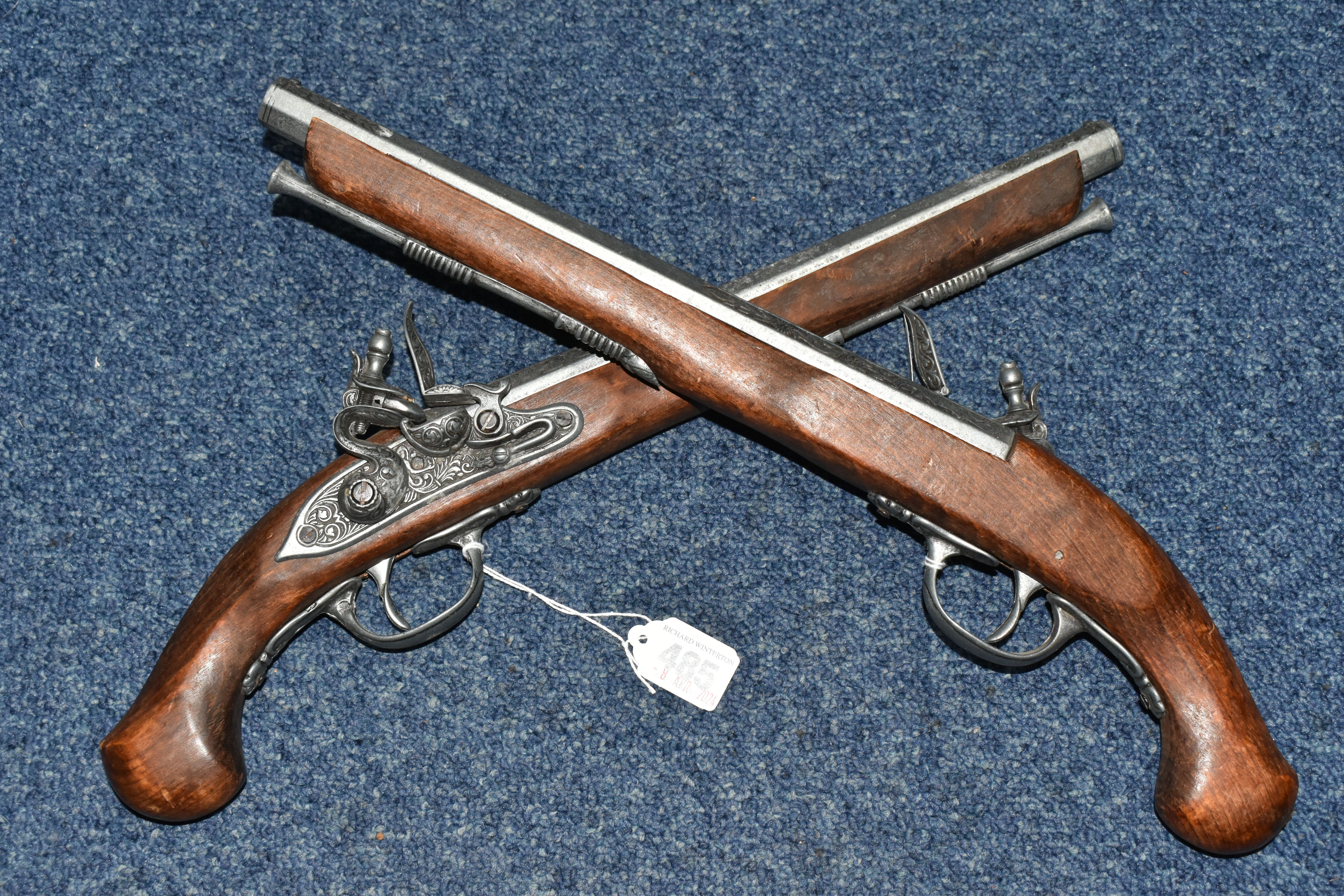 A PAIR OF REPLICA, ORNAMENTAL FLINTLOCK PISTOLS, length 43cm (2) (Condition Report: both appear in - Image 2 of 5