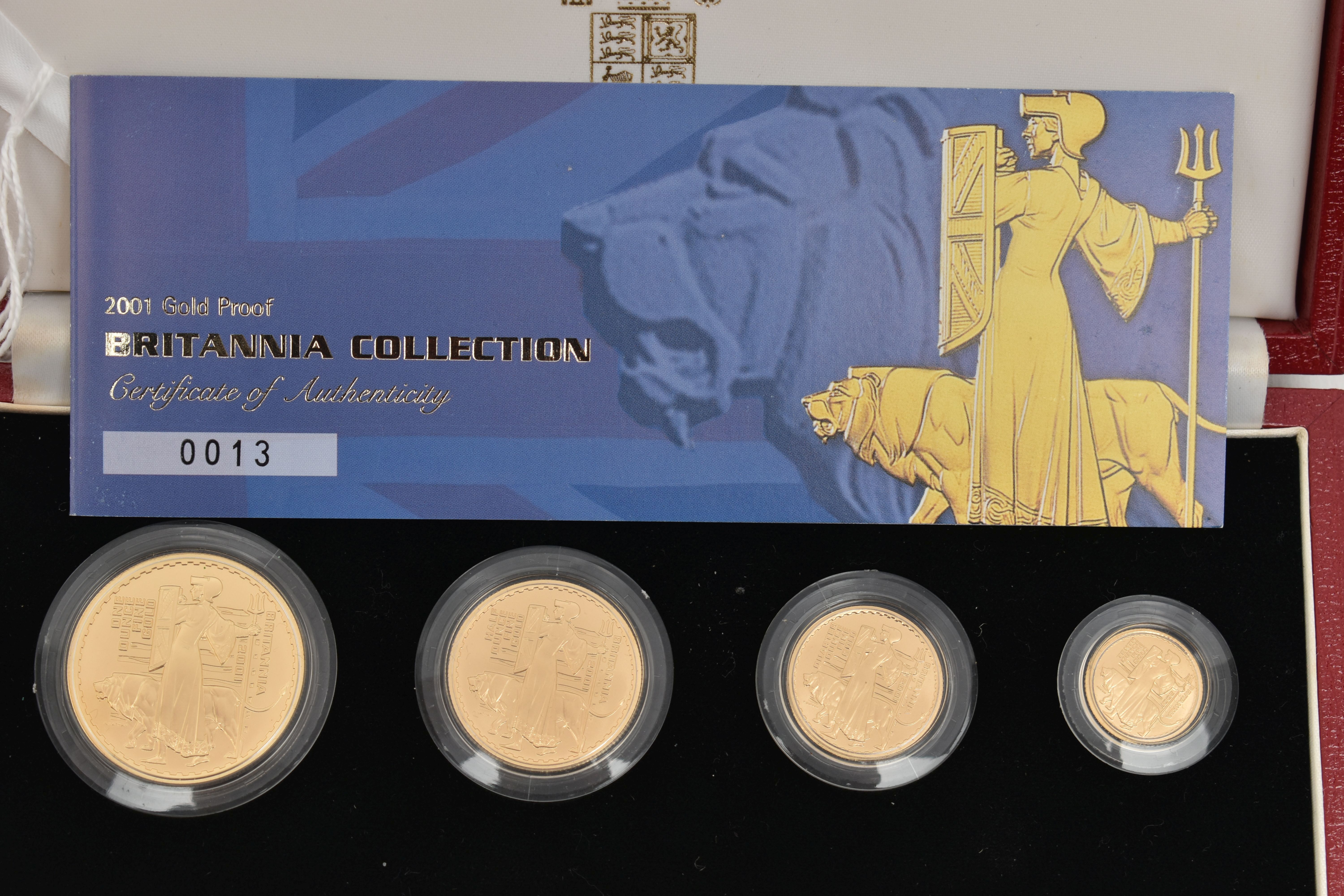 A ROYAL MINT 2001 GOLD PROOF BRITANNIA 4-COIN COLLECTION, One Ounce £100, Half Ounce £50, Quarter