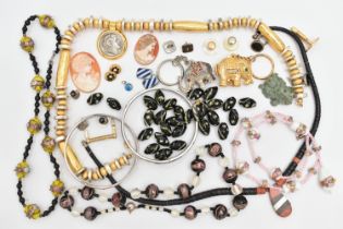 A BAG OF ASSORTED COSTUME JEWELLERY, to include four glass bead necklaces (one will require