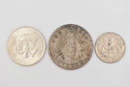 THREE COINS, to include a 1990 American quarter dollar, an 1964 half dollar and a 1909 Filipinas (