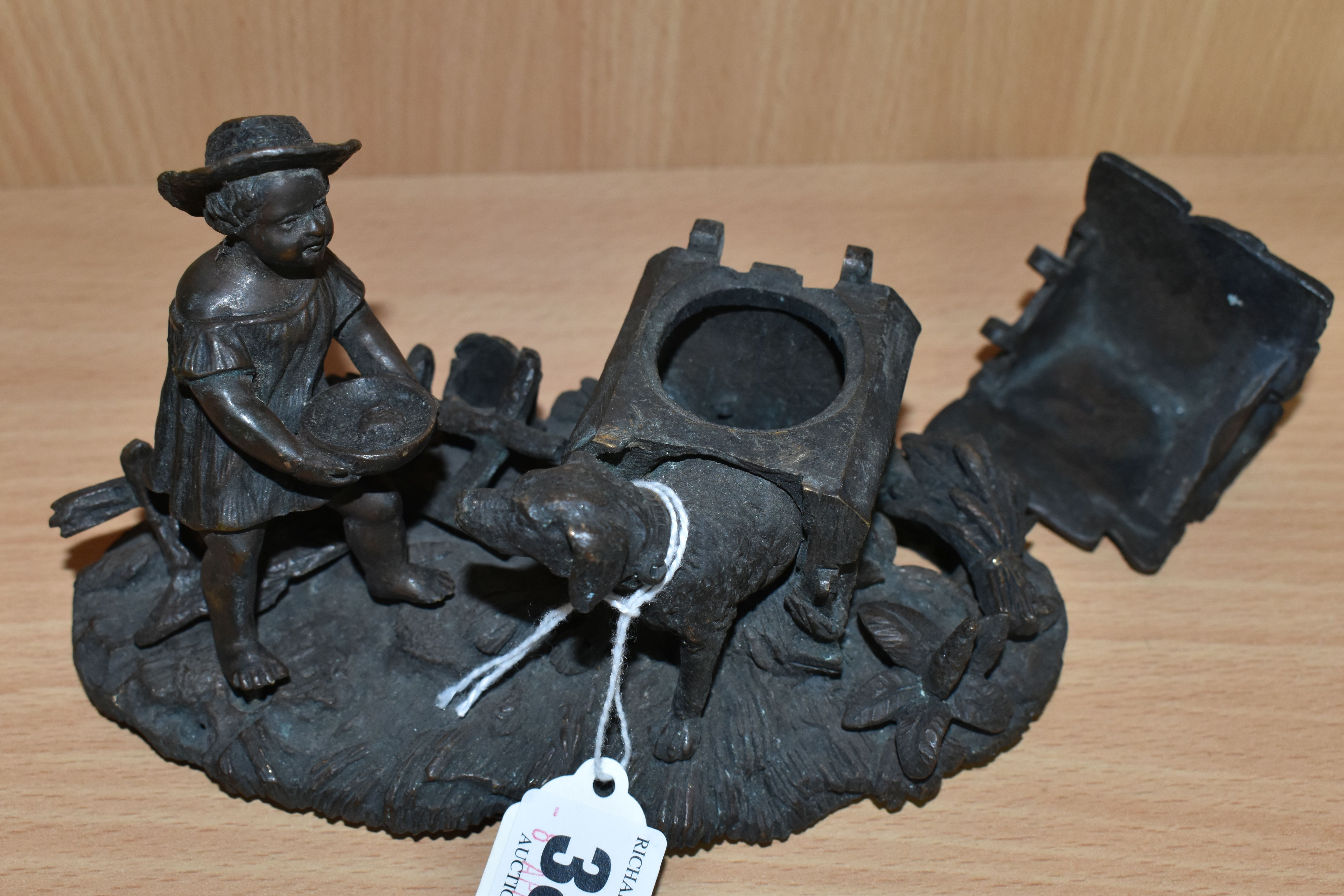 A BRONZE INKWELL, in the form of a dog in a kennel with a small child, unsigned, base width 15.5cm x - Image 5 of 8