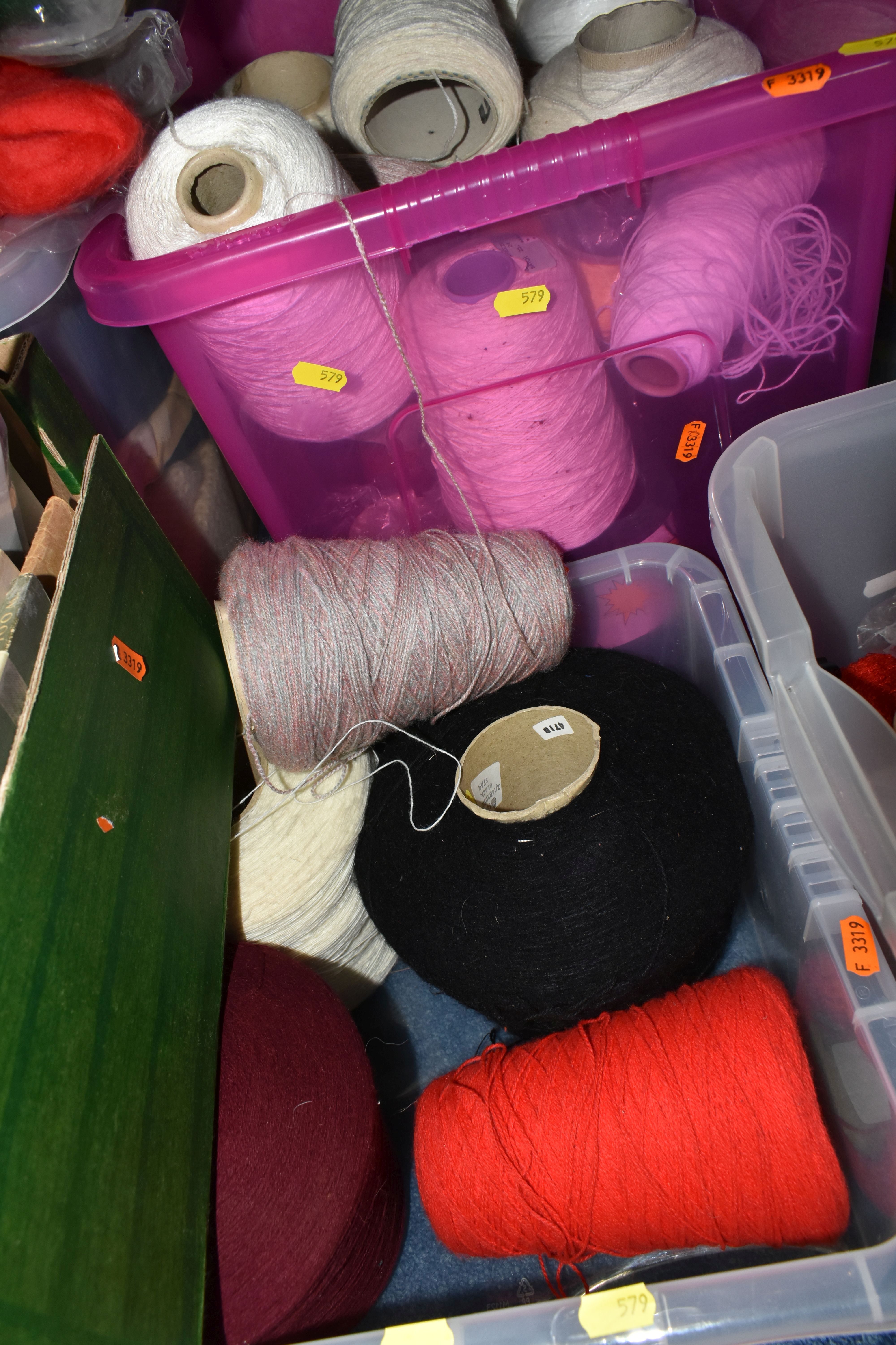 EIGHT BOXES OF YARN, FABRIC, PATTERNS, SPINNING BOOKS, ETC, the reels of yarn in assorted colours, - Image 3 of 4