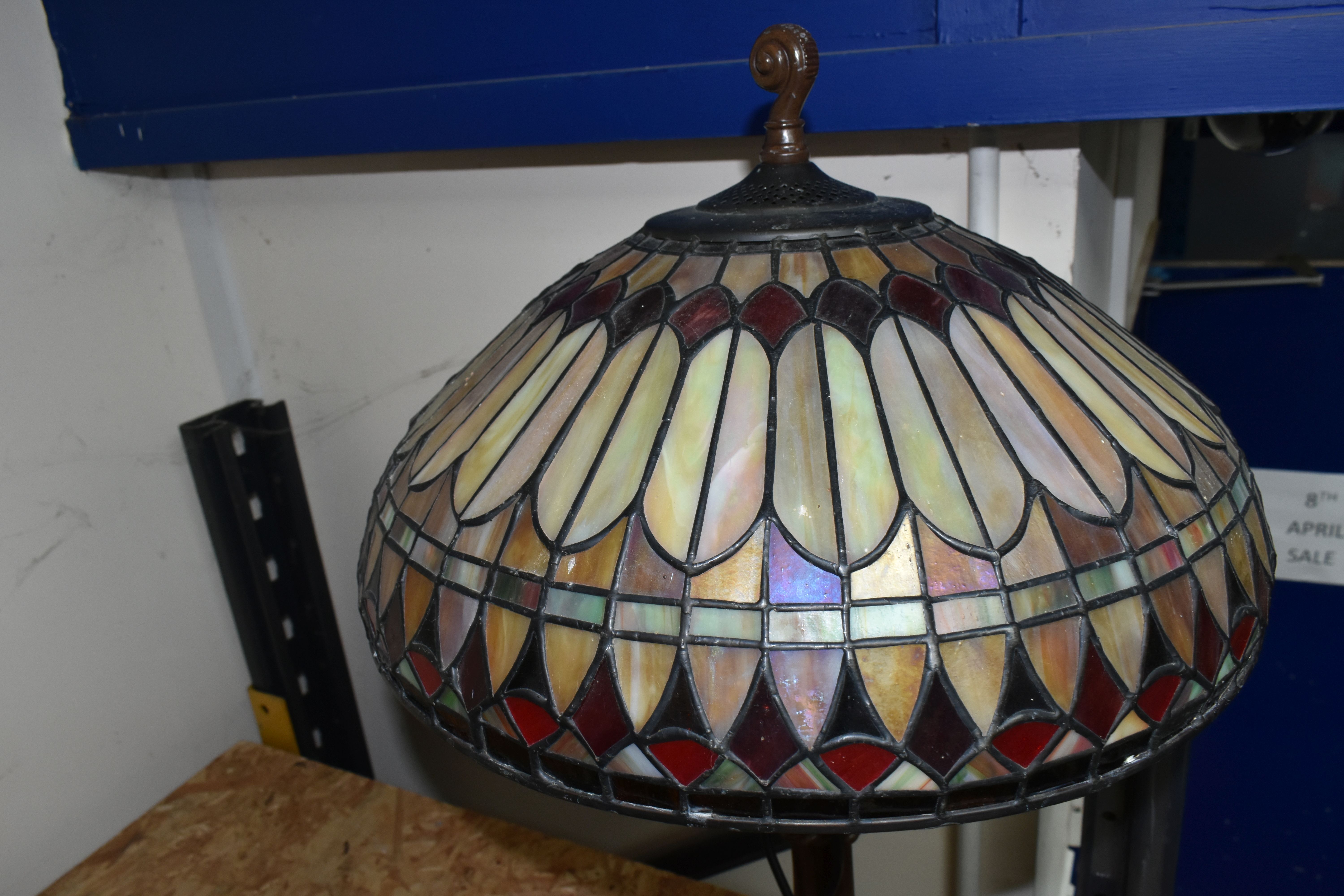 A LARGE TIFFANY STYLE LEADED GLASS TABLE LAMP AND SHADE, comprising matching multicoloured leaded - Image 6 of 6