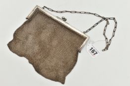 A WHITE METAL CHAIN MAIL PURSE, fitted with a kissing clasp, stamp mark to the interior is