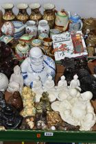TWO BOXES OF ORIENTAL ORNAMENTS AND CERAMICS ETC, to include a resin Buddha figure with erotic scene