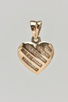 A 9CT GOLD DIAMOND HEART PENDANT, heart shape pendant, set with five rows of small single cut