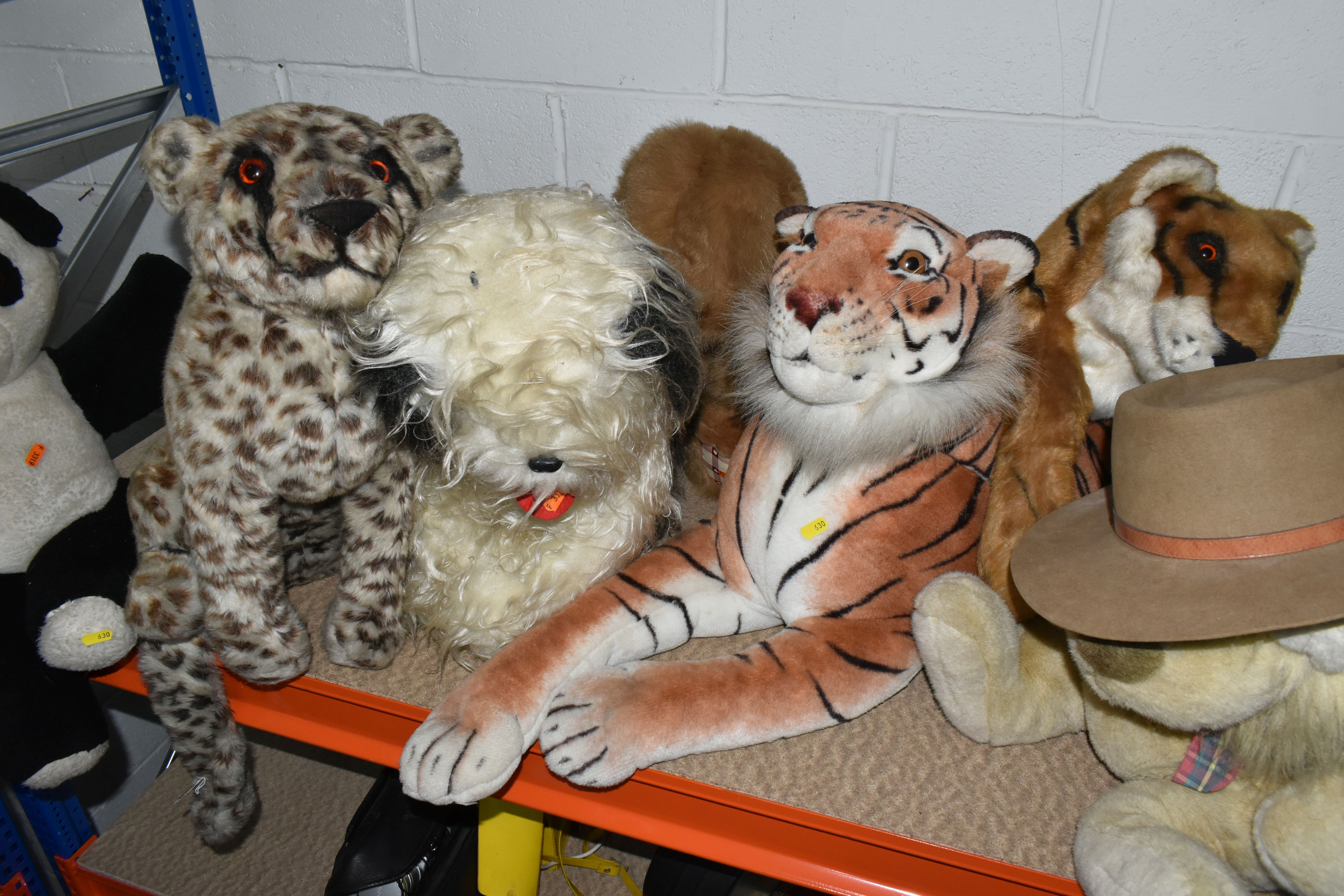 A COLLECTION OF LARGE SOFT TOY ANIMALS, comprising a 'Merrythoughts' seated leopard, height 60cm - Image 9 of 11