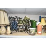 A GROUP OF TABLE LAMPS, VASES AND WINE RACKS, to include a Denby 'Memories' pattern table lamp and