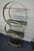 A BENT STEEL FOUR TIER SHELVING UNIT, with four smoked glass shelves, width 66cm x depth 36cm x