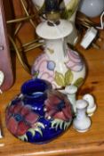 A GROUP OF MOORCROFT TABLE LAMPS AND VASE, comprising a 'Magnolia' design table lamp, pale pink