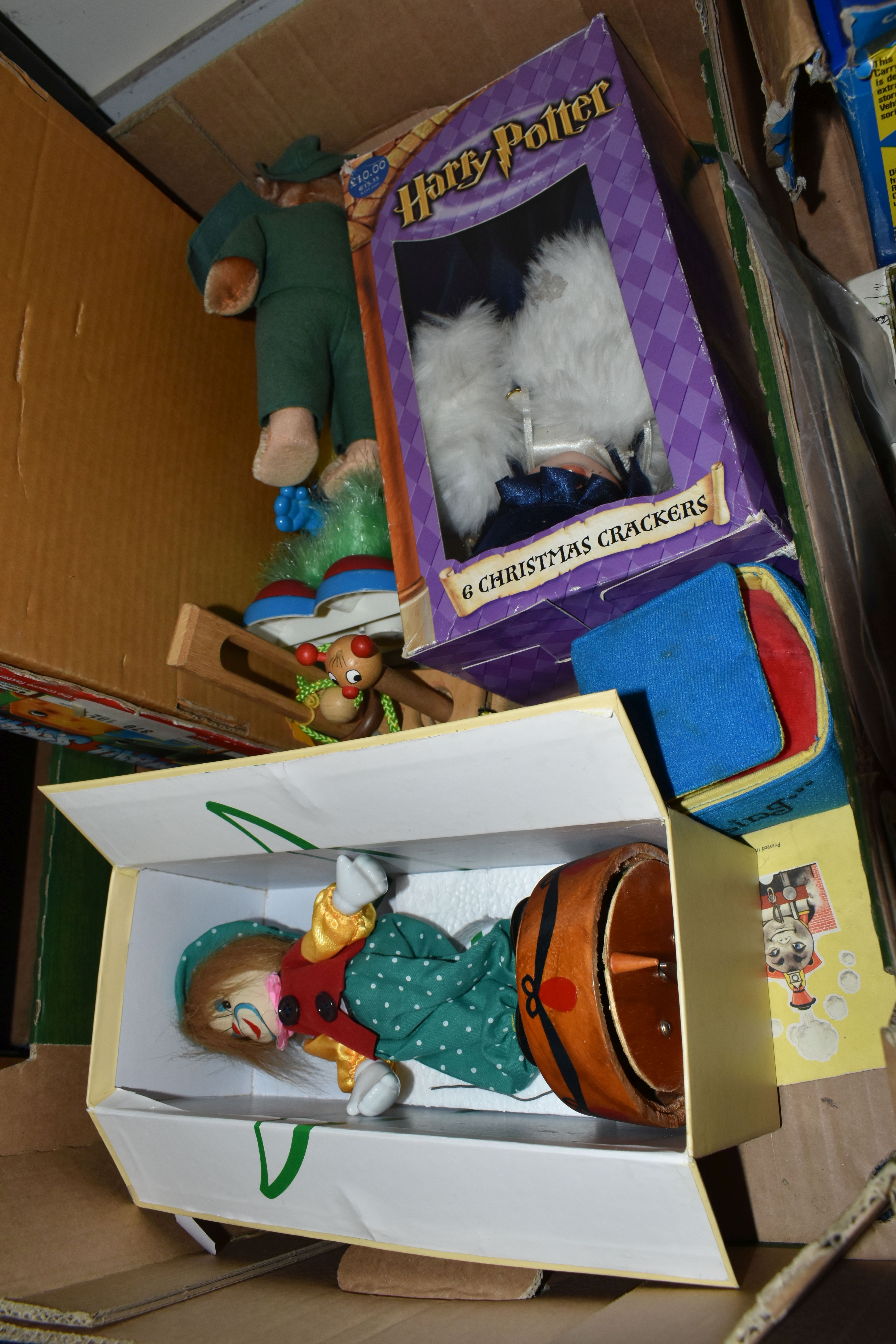 THREE BOXES OF VINTAGE TOYS, DOLLS AND GAMES, to include a porcelain doll with composite body, - Image 8 of 9