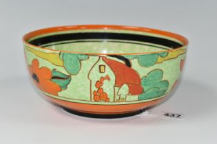 A CLARICE CLIFF 'CAFÉ AU LAIT' RED ROOFS BOWL, diameter 21cm orange, blue and brown banding, black