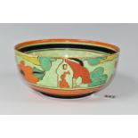 A CLARICE CLIFF 'CAFÉ AU LAIT' RED ROOFS BOWL, diameter 21cm orange, blue and brown banding, black