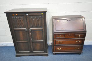 A 20TH CENTURY OAK LINENFOLD DOUBLE DOOR CABINET, width 87cm x depth 47cm x height 121cm, along with